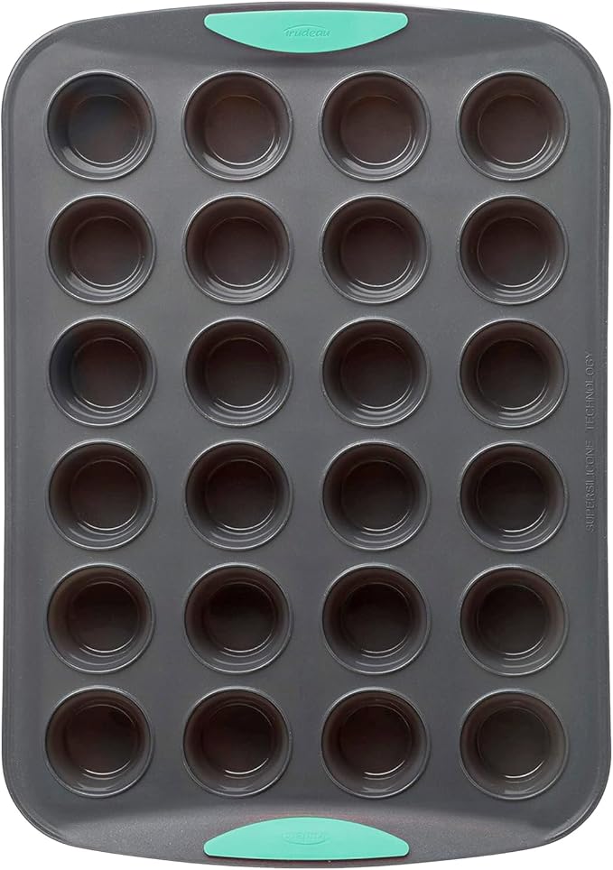 Trudeau 24-Cup Silicone Muffin Pan – Hybrid Non-Stick Bakeware with Steel Frame, Flexible Silicone with Hard Lining to Hold Shape, BPA-Free, Dishwasher Safe, Heat Safe to 428°F, Grey/Mint