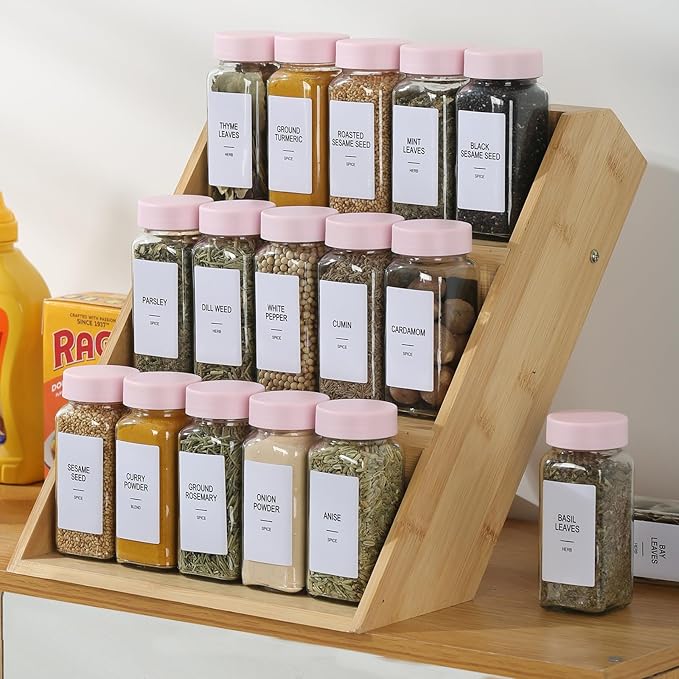 48 Glass Spice Jars with Labels, Spice Jar Set, 4oz Seasoning Containers, Spice Containers with Pink Airtight Lids and Shaker Lids, Square Empty Spice Bottles, 492 Labels, 1 Funnel