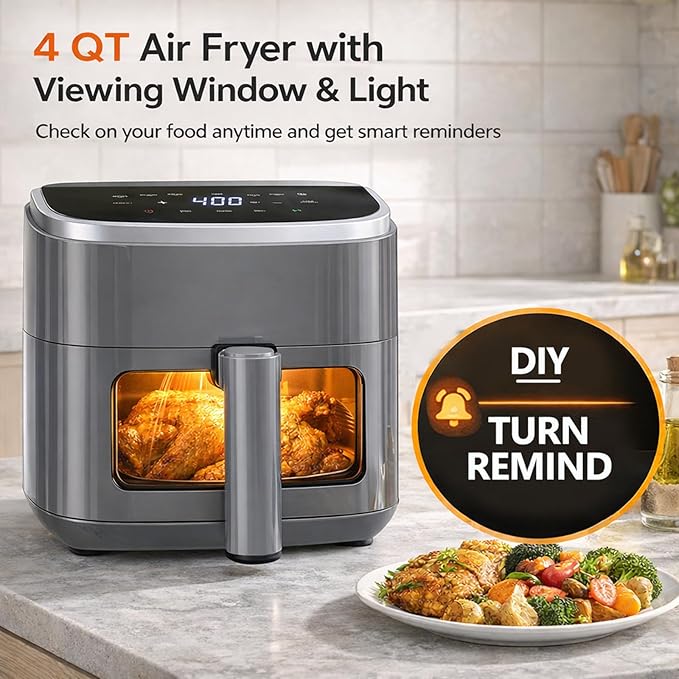 Simple Deluxe 8-in-1 Air Fryer 4 Qt, Digital Preset Airfryer with Visible Window, Nonstick and Dishwasher-Safe Basket for Chips, Bake, Wings, 60-Min Timer, 1500W, Gray