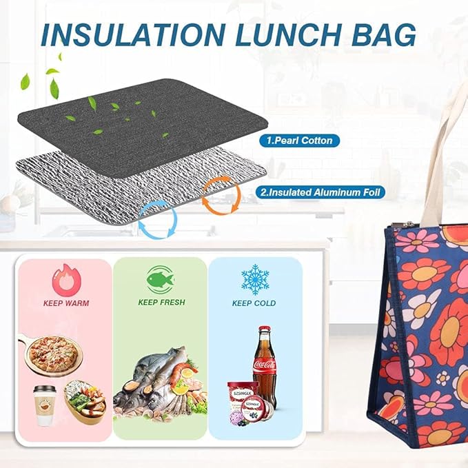 iknoe Insulated Lunch Bag for Women & Adults, 9L Foldable Wide-Open Cooler Bag with Pockets, Leakproof & Portable, for Picnic, Office, Beach(Blue flower)