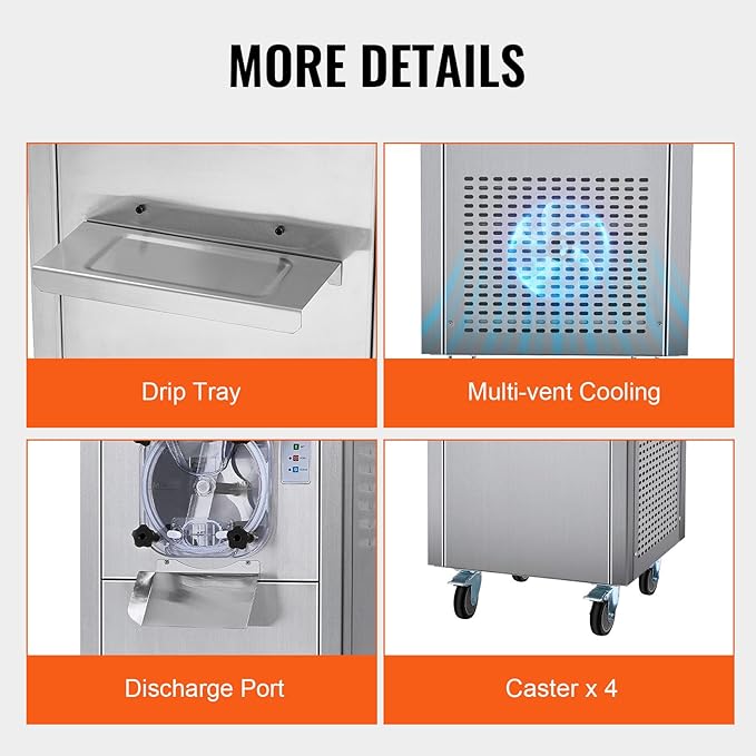 VEVOR Ice Cream Maker for Commercial Use, Produces 18 Liters per Hour, 1780W, Offers Single Flavor, Equipped with Wheels, 6L Stainless Cylinder, LED Display, Automatic Cleaning & Pre-cooling Functi