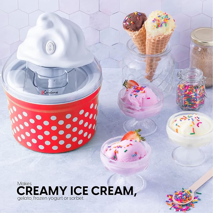 Euro Cuisine Ice Cream, Sorbet & Frozen Yogurt Maker, Homemade Gelato & Soft Serve Kids Ice Cream Maker Machine with 4 Glass Cups - Double-Insulated Freezer Bowl, Mixing Paddle, Lid - 1.5 Quart