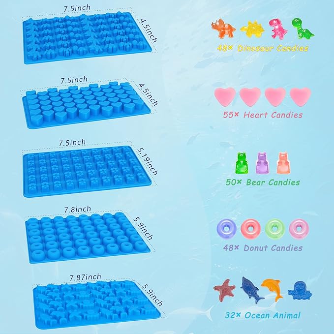 Sidosir 7Pcs Silicone Marine Theme Starfish Ocean Molds, Non-Stick Dinasur Chocolate Mold for Parties, Silicone Bear Gummy Mold for Make Gummies, Gummy Heart for Home Diy