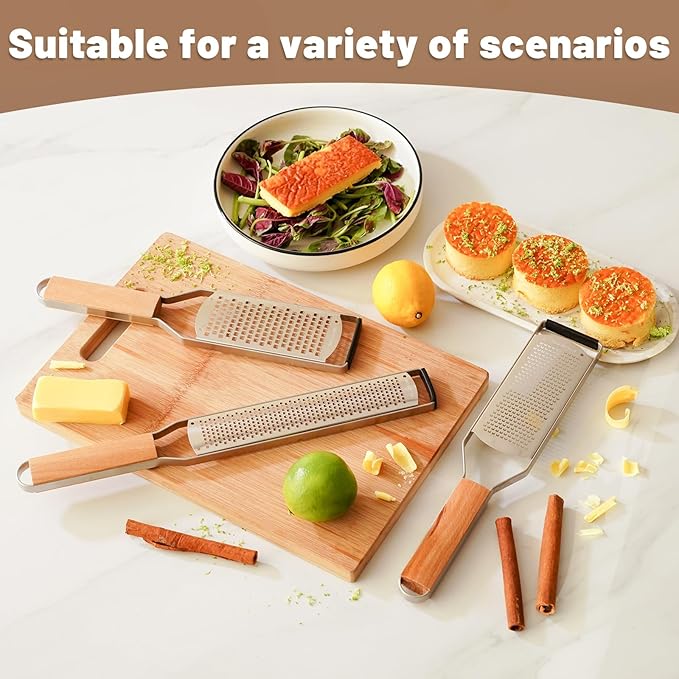 SHIKORI Professional Cheese Graters for Kitchen Stainless Steel Handheld, Metal Lemon Zester Grater With Wood Handle For Cheese, Chocolate, Spices, Kitchen Gadgets And Tools-3 Pcs