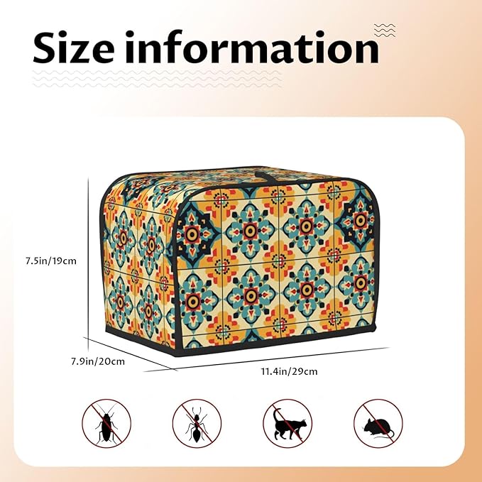 Brown Boho Tile Toaster Cover 2 Slice, Cute Rural Bread Machine Cover, Washable Dust-Proof Cover for Kitchen Small Appliance Cover,with Top Handle