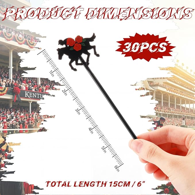 30 Pcs 6 Inch Derby Horse Racing Drink Stirrers with Red Rose, Plastic Racing Swizzle Sticks for Cocktails Reusable Horse Party Decorations for Derby Day Bar Home Party Favors