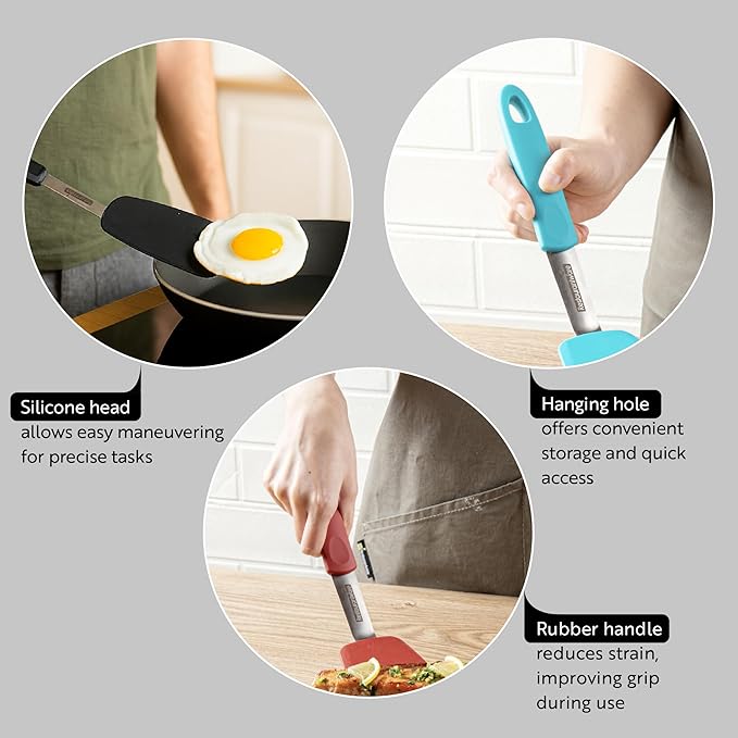 Comfy Grip 12 x 3 Inch Silicone Turner,1 Durable Cooking Turner - Stainless Steel Body,Rubber Handle With Hole, Turquoise Silicone Flipper Spatula, Tolerates Up To 446F,Dishwashable -Restaurantware