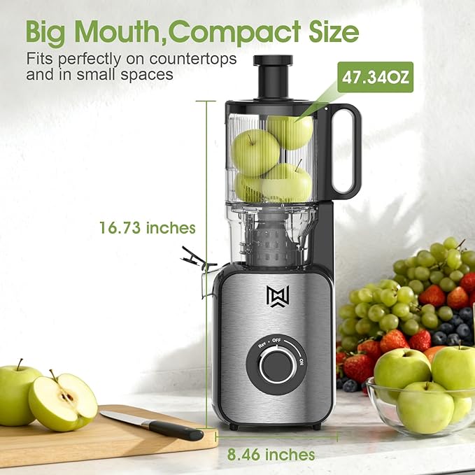 Cold Press Juicer,Stainless Steel Material,Juicer Machines with 5.0Inch Wide Feed Chute,Slow Masticating Juicer for Vegetables and Fruits with High Juice Yield,Large Auger,Easy to Clean