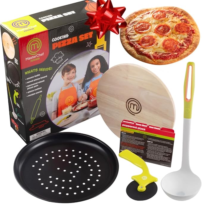 MasterChef Junior Pizza Cooking Set - 5 Pc Kit Includes Real Cookware for Kids w Recipes, Board, Roller - Make Homemade Pizza, Birthday