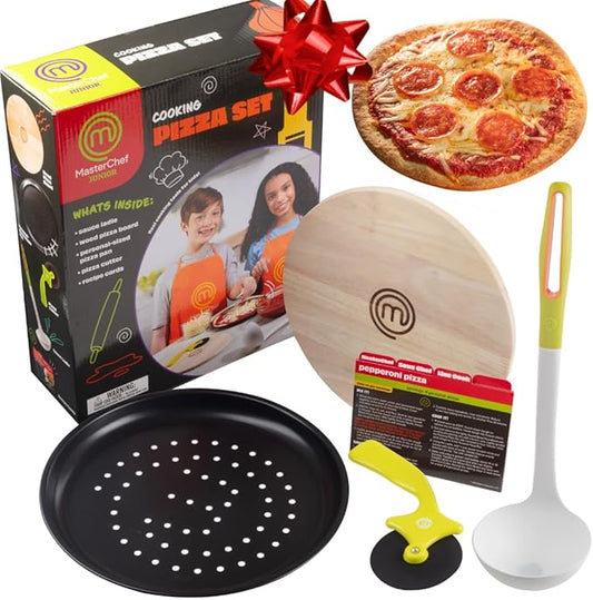 MasterChef Junior Pizza Cooking Set - 5 Pc Kit Includes Real Cookware for Kids w Recipes, Board, Roller - Make Homemade Pizza, Birthday