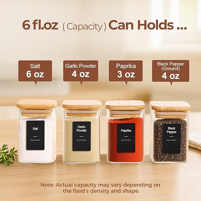 ComSaf 16Pcs Spice Jars with Labels, Glass Jar with Bamboo Lid, 6oz Airtight Square Containers with Black Lables, Empty Seasoning Jars for Spice, Salt, Pepper, Sugar