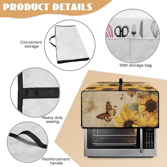 Convection Toaster Oven Cover with Pockets, Easy to Clean, Smart Microwave Baking Oven Dust Cover for Countertop, S, 14.5 x 18.5 x 9 Inches, Retro Sunflower Butterfly