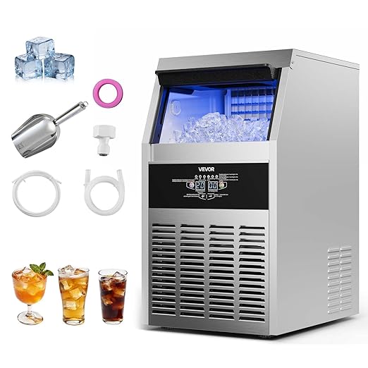 VEVOR Commercial Ice Maker Machine, 160 lbs/24h with 30 lbs Storage Capacity, Built-in/Freestanding/Under Counter, Stainless Steel Ice Maker with LED Display & Self-Cleaning, for Home Bar Restaurant