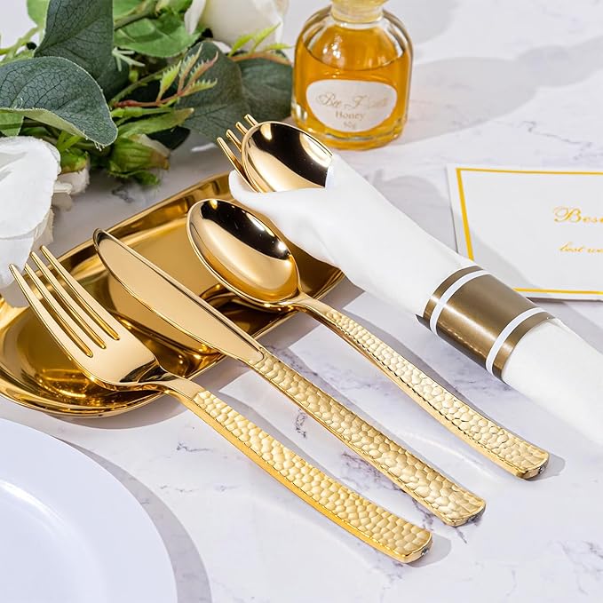 WELLIFE 50 Pack Gold Plastic Silverware with Pre Rolled Napkins,Gold Disposable Utensils, Includes: 50 Forks,50 Knives,50 Spoons,50 Napkins,gold Silverware Disposable for Thanksgiving
