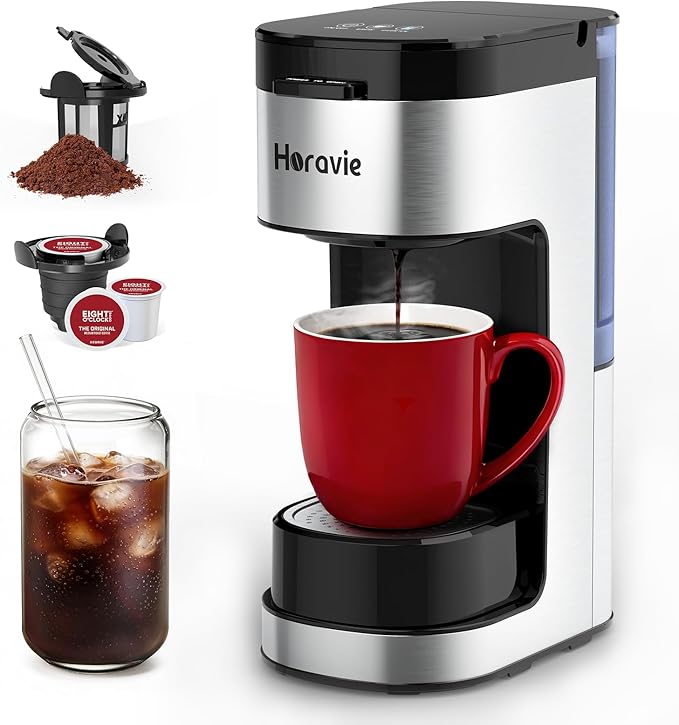 Horavie Single Serve Coffee Maker, Hot and Iced Coffee Maker for K Cup and Ground, 6 to 14 Oz Brew Sizes Single Cup Coffee Maker with Descaling Alert, Ideal for Home, Travel, RV and Dorm,Black