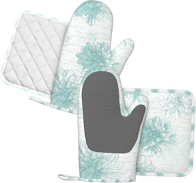 Oven Mitts and Pot Holders Dahlia Flower Pastel Vintage Silicone Kitchen Accessories Set of 4 Heat Resistant Long Gloves Potholder Non-Slip Grip for Chef Cooking Baking Grilling BBQ
