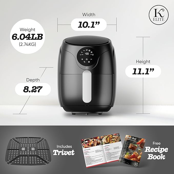 Kitchen Elite 2.5 Quart Compact Air Fryer Oven Small Countertop Oil-Free Cooker with PFAS-Free Nonstick Basket, Easy Clean, Black