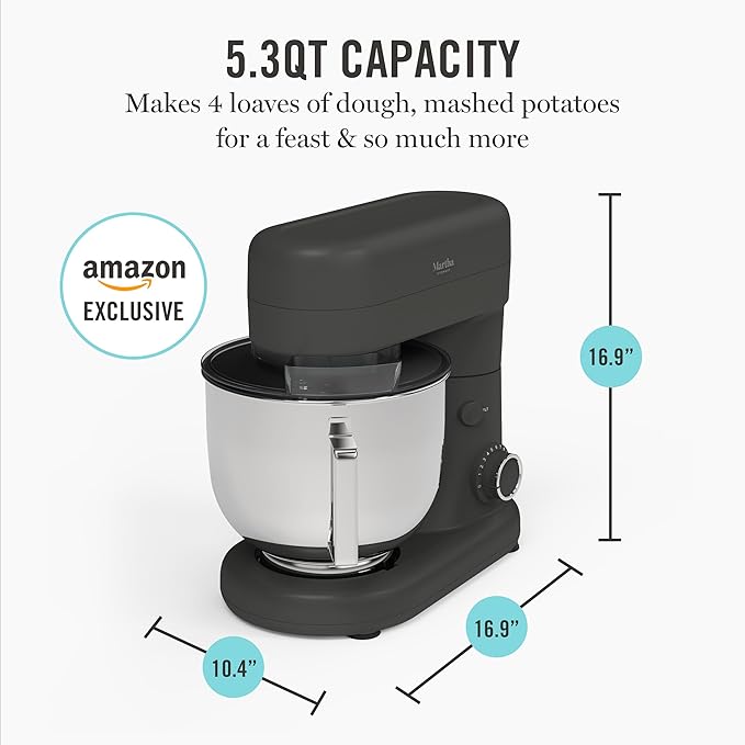 Martha Stewart Stand Mixer, 12 Speed, Tilt-Head, 5.3QT Stainless Steel Bowl, Splash Guard with Pour Chute, Whisk, Dough Hook, Flat Beater, Electric Kitchen Baking Mixer, Bread, Cake, Whip, Caviar Gray