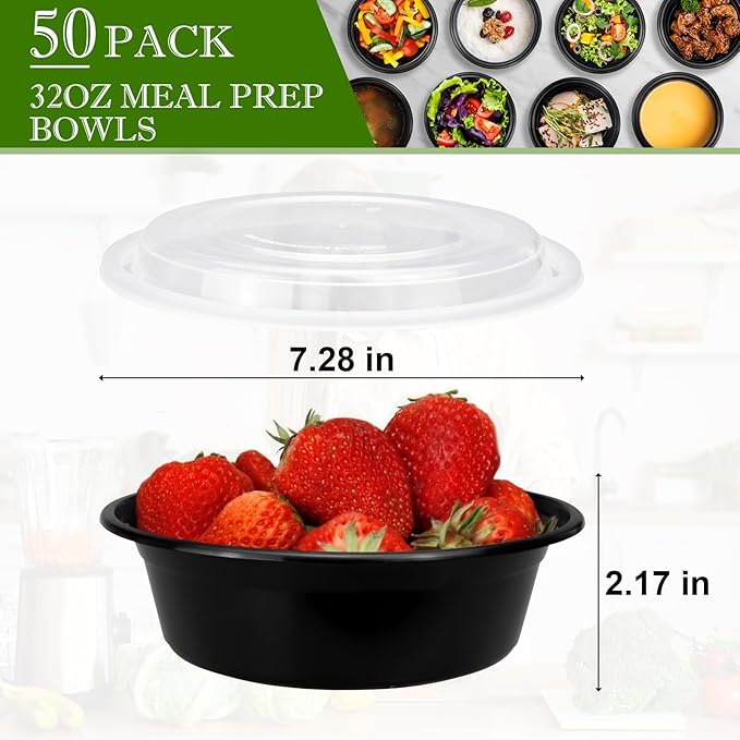 Meal Prep Containers Reusable 32oz - Meal Prep Bowls with Lids 50 Pack, Round Food Prep Bowls for Takeout, Disposable To Go Food Containers, Stackable, Leakproof, BPA-Free, Microwave/Freezer Safe