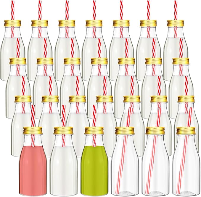 Irenare 40 Sets Plastic Small Milk Bottles with Straws and Metal Lids Clear Plastic Bottle for Dairy Milk Party Bottle for Milk Juices Shakes Smoothies, 40 Bottles and 40 Straws (Gold,8 oz)