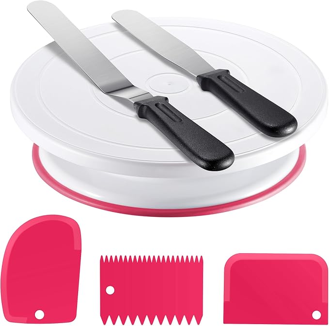 Kootek Cake Decorating Kit Baking Supplies Set Cake Turntable with 2 Frosting Straight Angled Spatula 3 Icing Smoother Scrapers Baking Accessories Tools for Beginners and Pros, Mother's Day, Pink