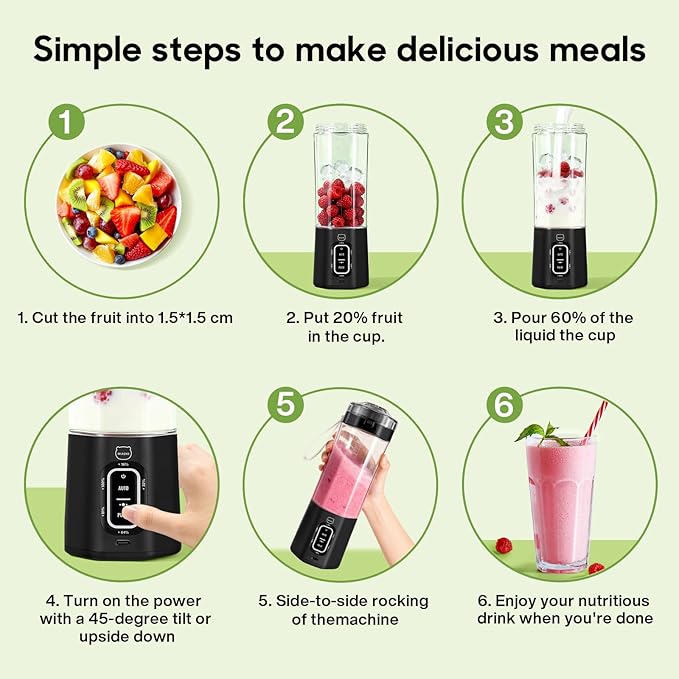 MIAOKE 2026 Upgrade 700 ML Portable Smoothie Blender, Rechargeable Personal Blende, Contains both Automatic and Pulse Functions, with Travel Cup and Lid, 6 Sharp Blades, Mixer Blender Machine Black