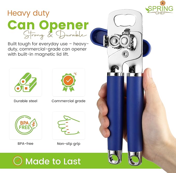 Spring Chef Stainless Steel Can Opener - Manual with Soft Grip Handles, Easy Turn, Heavy Duty Hand Can Openers for Seniors with Smooth Edge - Magnetic Lid Remover - Sapphire