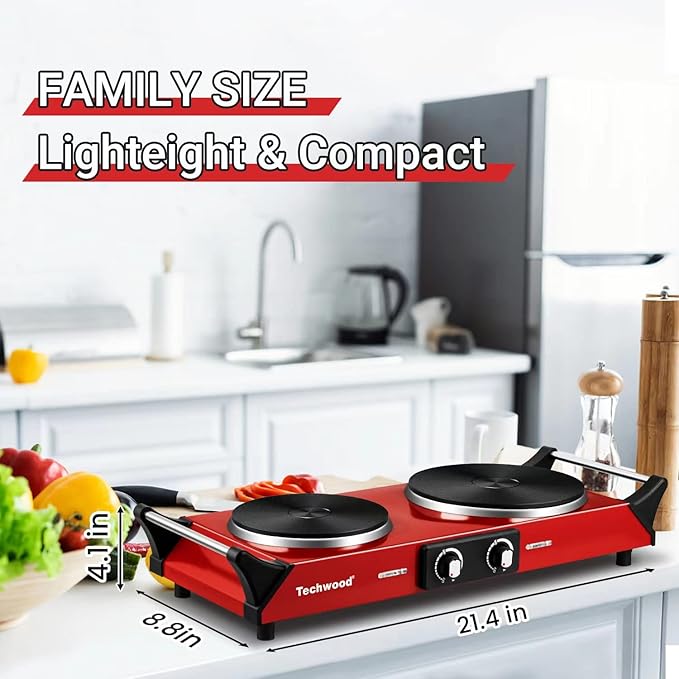 Hot Plate, Techwood 1800W Portable Electric Stove for Cooking Countertop Dual Burner with Adjustable Temperature & Stay Cool Handles, 7.5” Cooktop for Home/RV/Camp, Compatible for All Cookware, Red