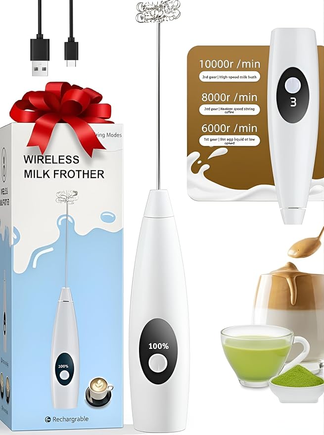 Rechargeable Milk Frother Handheld, 3-Speed Coffee Frother Handheld with Battery and Speed Indicator, Electric Whisk Frother Wand for Coffee, Latte, Cappuccino, Frappe Drink, Hot Chocolate