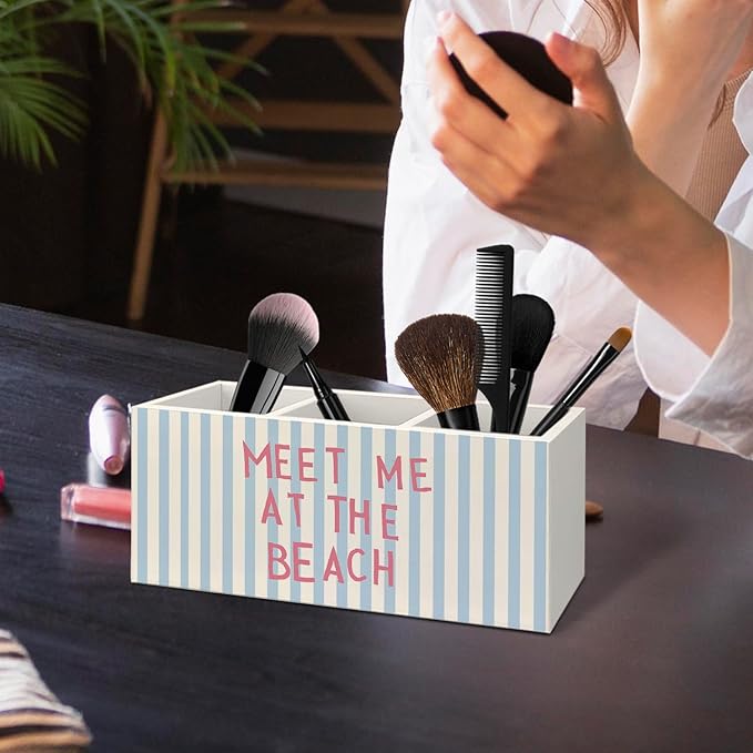 Preppy Coastal Beach Wooden Utensils Holder, Coastal Kitchen Decor, Meet Me at the Beach Blue Striped Wood Cooking Utensil Holder Organizer for Kitchen Countertop Counter Decor