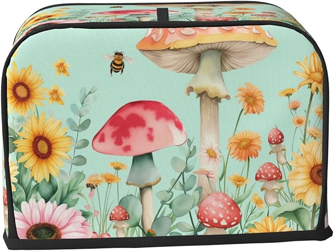 Pastel Sunflowers Mushrooms Toaster Cover 2 Slice, Cute Rural Bread Machine Cover, Washable Dust-Proof Cover for Kitchen Small Appliance Cover,with Top Handle