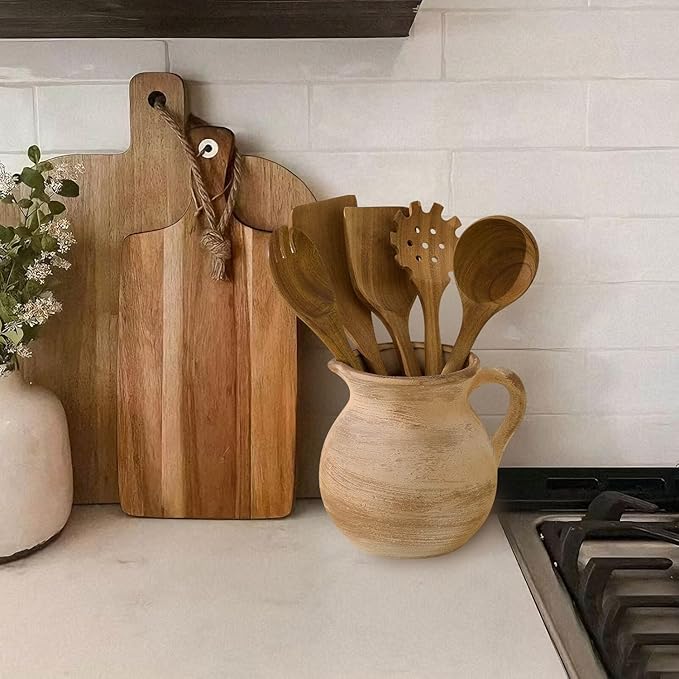 MIYUKI Rustic Kitchen Utensil Holder - 7.6 Inch Ceramic Utensil Crock for Countertop, Vintage Kitchen Counter Decor