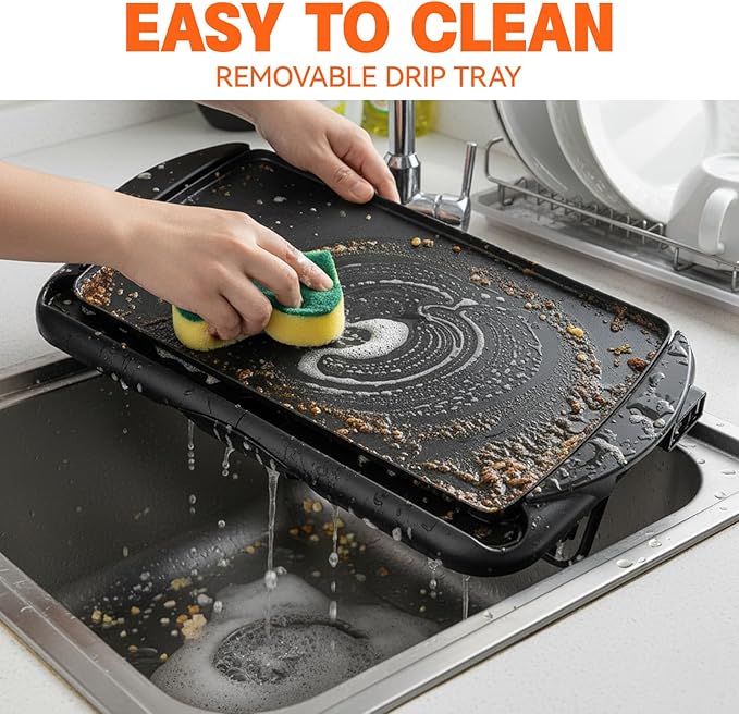 20" Electric Griddle, Ceramic Non-Stick Baking Pan Attemperation Griddle, 1400W Family-Sized Electric Skillet Extra Large Surface and Adjustable Temperature, Slide-Out Drip Tray, Black