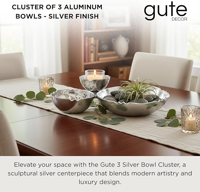 3 Cluster Decorative Bowls Bright Silver Snack Tray Bowl Chip & Dip Serving Piece Strong Brass Centerpiece Beautiful Room Accent & Entertaining Parties Home Decor Wedding Gifts 14.6 Inch Decorative