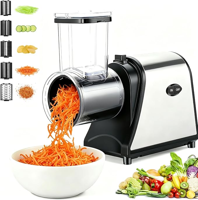 5-in-1 Electric Cheese Grater & Vegetable Slicer – 250W One-Touch Shredder with Stainless Steel Blades for Block Cheese, Vegetables, Fruits & Nuts