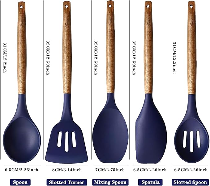 Miusco Non-Stick Silicone Kitchen Utensils Set with Natural Acacia Hard Wood Handle, 5 Piece, Midnight Blue, BPA Free, Baking & Serving Silicone Cooking Utensils