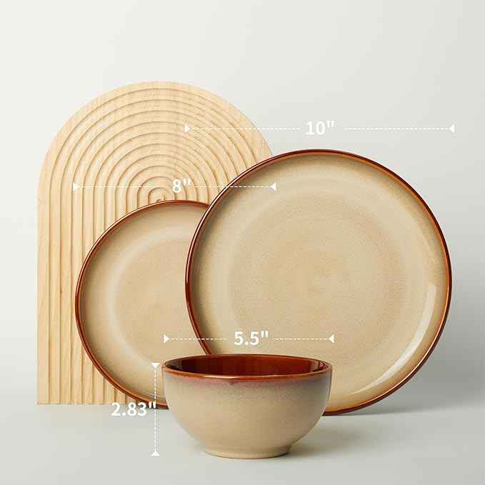 Ceramic Dish Set for 6, 18 Piece Dinnerware Set for Small to Medium Families, Reactive Glaze Design, Dishwasher & Microwave Safe, Brown Yellow