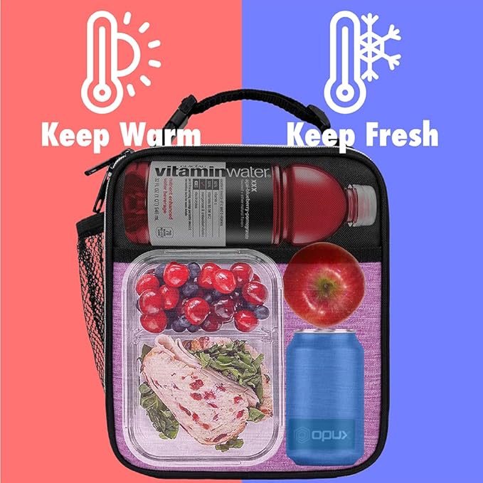 opux Premium Insulated Lunch Box, Soft School Lunch Bag for Girls Kids, Leakproof Small Lunch Pail Women Work, Reusable Compact Cooler Tote Lunchbox for Office Adult, Heather Purple