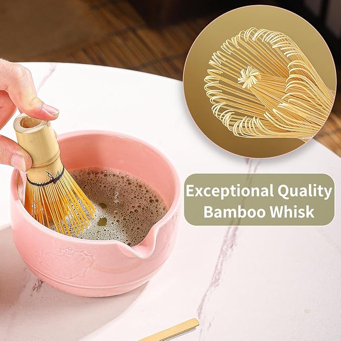 Matcha Tea Set, 5-Piece Ceramic Matcha Bowl & Whisk Kit with Cute Cat Pattern, Traditional Japanese Chawan, Scoop & Sifter, Perfect for Tea Ceremony, Gift for & Tea Lovers (pink)