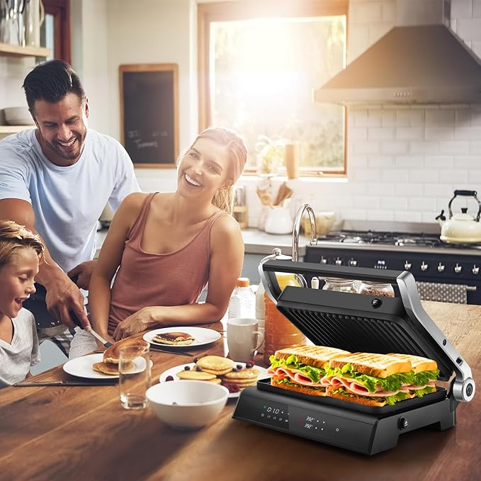 KOTEK Panini Press Sandwich Maker, 1200W 4 Slice Sandwich Toaster, Removable Drip Tray & Non-Stick Coated Plates, Open 180°, 3-In-1 Electric Indoor Grill w/5 Auto Modes, Temperature Control & Timer