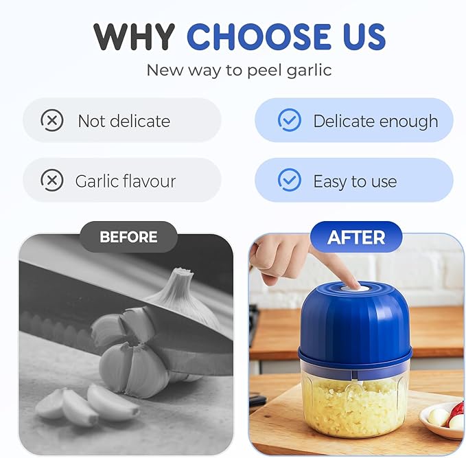 Electric Garlic Chopper, Mini Portable Veggie Chopper Garlic Grinder Onion Choppers, Wireless Electric Food Chopper Tool for Mashing Onion, Garlic, Chili, Ginger (Blue)