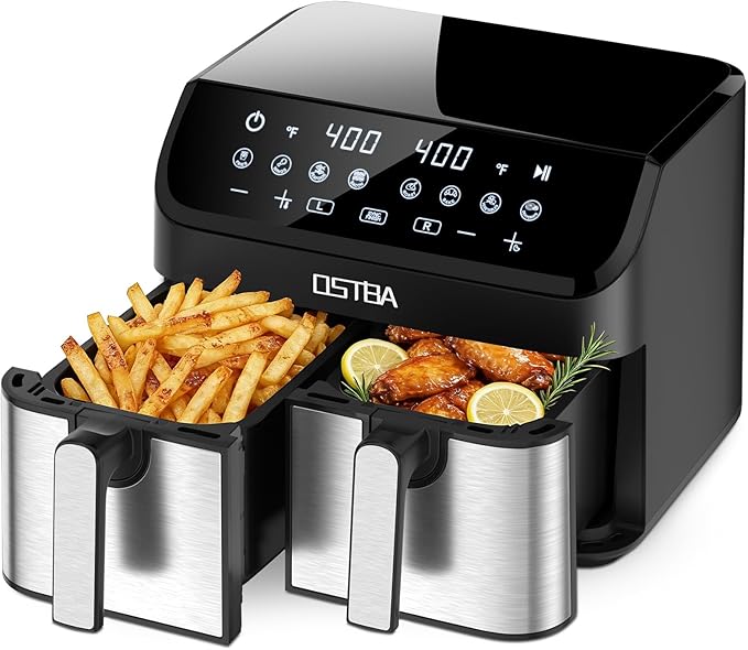 OSTBA 9.5QT Double Air Fryer, 1700W Dual Air Fryer with 2 Independent 4.25QT Stainless Steel Baskets, Digital Touchscreen, Sync Finish, 8 Presets, Auto Shutoff, Nonstick Dishwasher Safe