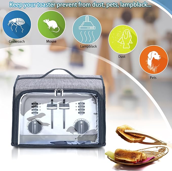 Toaster Cover with Base for 4 Slice Wide Slot, Dust Covers Compatible with Cuisinart 4 Slices, Toaster Bags with Zipper Closure (Cover Only)