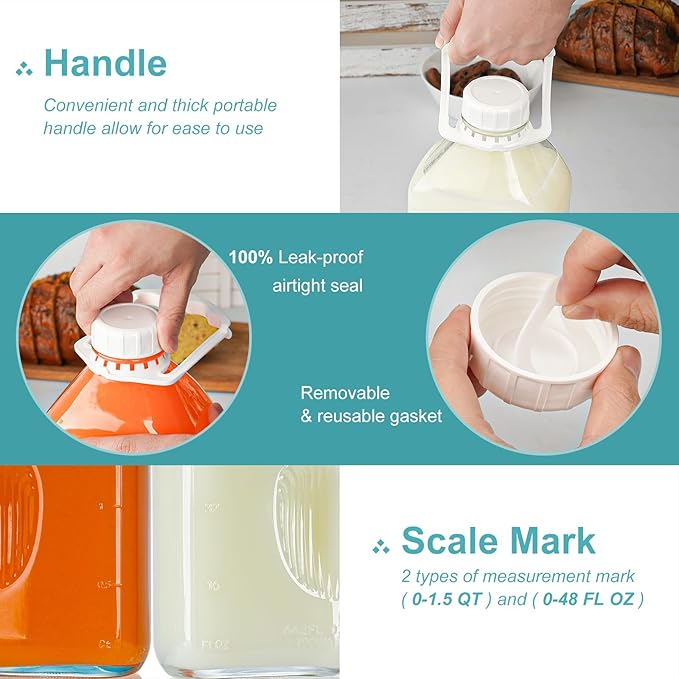 2 Pack 64 Oz Heavy Duty Glass Milk Bottle with 1 Silicone Spout and 3 Reusable Airtight SCREW LID, 2 Qt Glass Water Bottle with 2 Exact Scale Lines - Milk Jug Pitcher - 1/2 Gal Juice Bottles