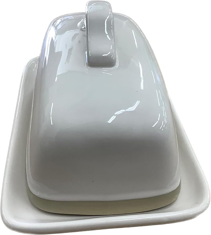 Rae Dunn Ceramic Butter Dish with Lid, SCHMEAR, White and Beige, Two-Tone