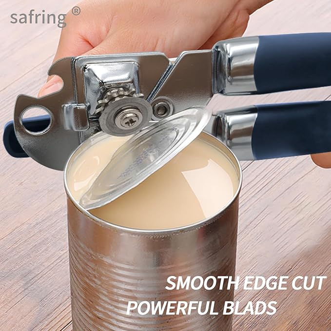 Can Opener Manual, Handheld Strong Heavy Duty Stainless Steel Can Opener, Comfortable Handle, Sharp Blade Smooth Edge, Can Openers with Multifunctional Bottle Opener, Blue