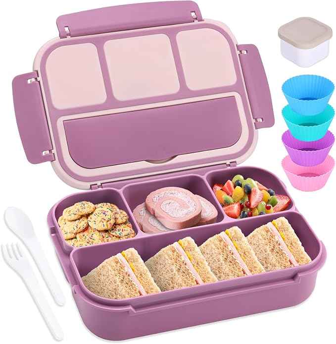 shell and turtle Bento Box Adult Lunch Box, Lunch Containers for Kids Girls Boys with 4 Compartments, Lunchable Food Container with Utensils, Sauce Jar, Muffin Liners, 40 Oz/5 Cup, Dark Purple
