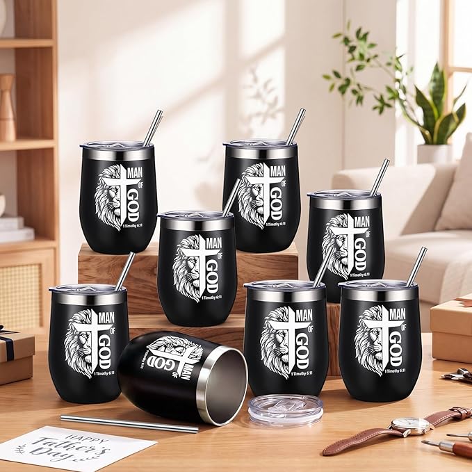 Sliner 8 Pcs Christian Gifts for Men Man of God Coffee Tumbler with Lid Catholic Gift for Men Bible Verse Gift for Pastor Father's Day God Bless Church Religious Cross Inspirational Gifts