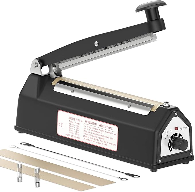 8-inch Impulse Bag Sealer, Manual Heat Sealer Machine for Plastic Bags,2 Replacement Kit Included, Black…