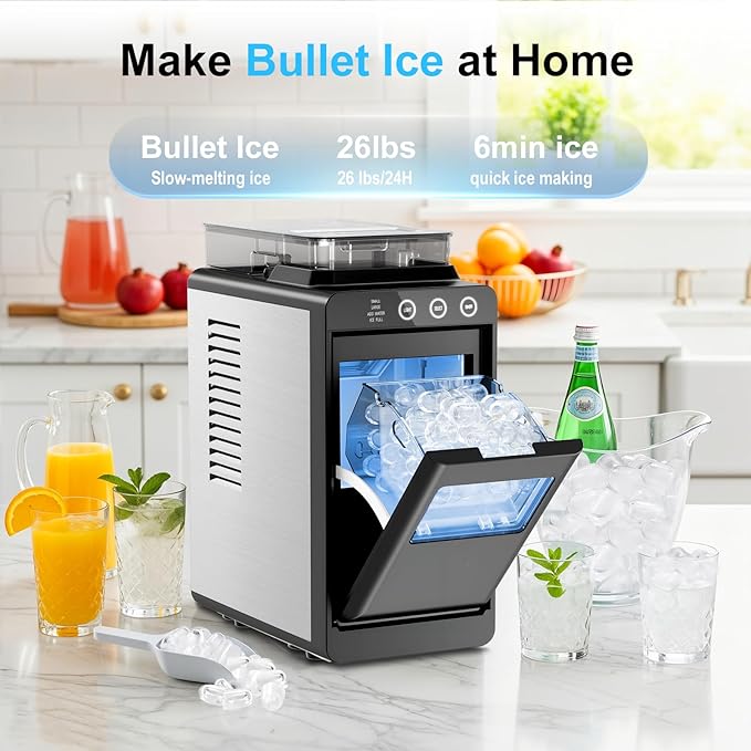 Kismile Countertop Ice Maker, 26lbs/24H Bullet Ice Machine, 8 Ice Cubes in 6 Minutes, Dual Water Tanks with 1.2L Top Tank, 2 Ice Sizes, Self-Cleaning, Compact Portable Ice Maker for Home, Kitchen & RV